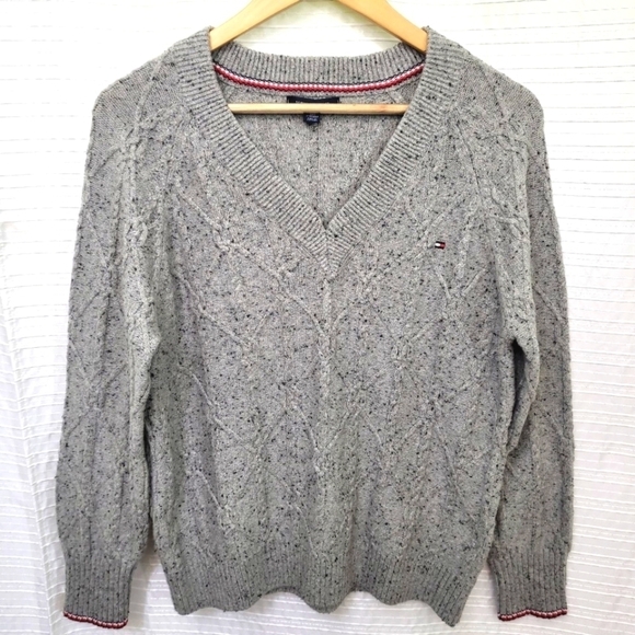 Tommy Hilfiger Cable Knit Sweater V-Neck Light Grey Heather Loose Women's XXS - Picture 1 of 10